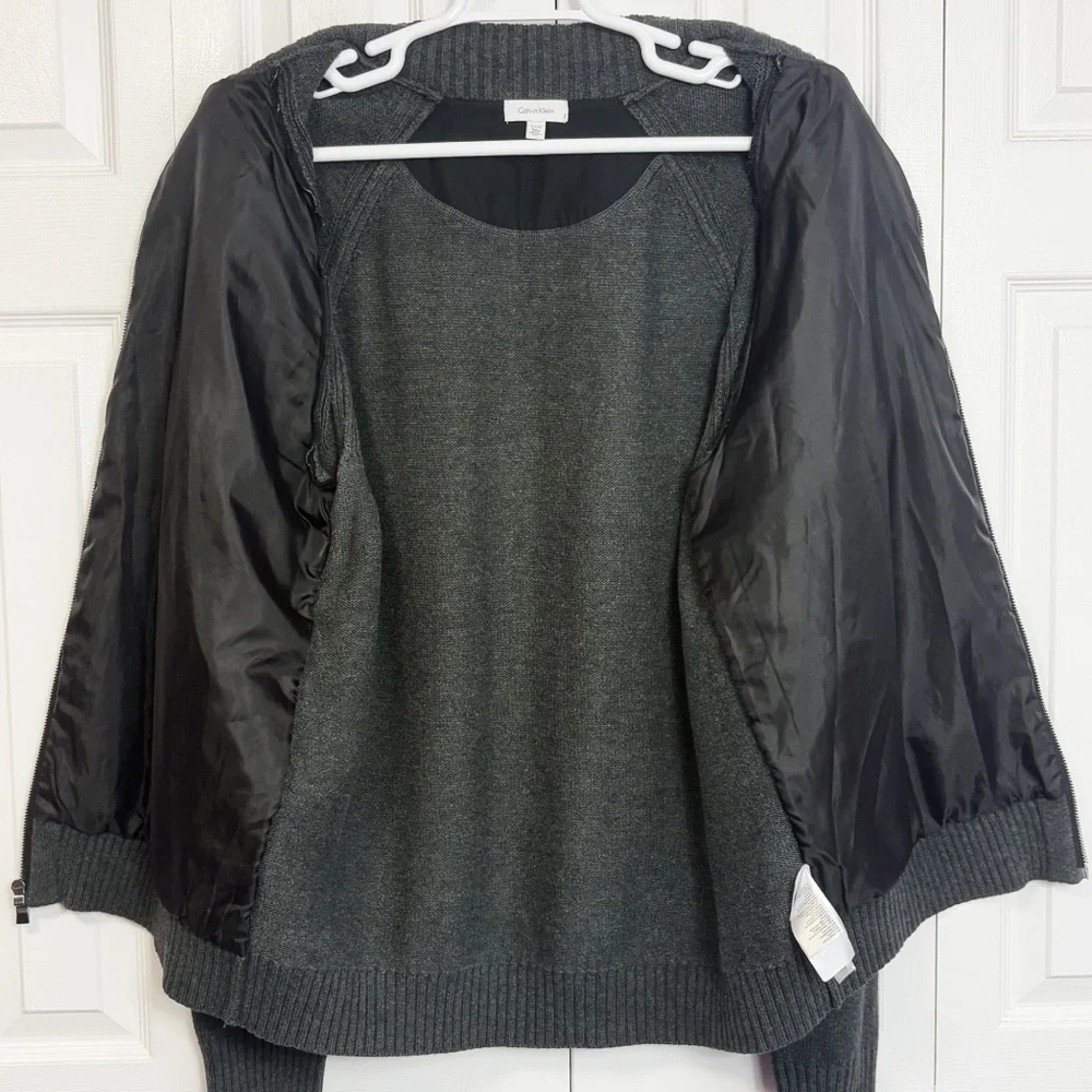 Calvin Klein Gray & Black Mixed Media Quilted Front Zip Sweater Jacket XL